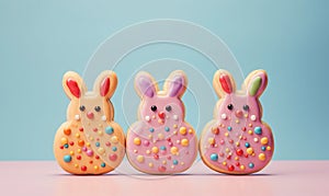 Three Easter cookies in the shape of cute bunnies, decorated with icing on a pastel blue background. Easter culinary banner