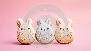 Three Easter cookies in the shape of cute bunnies, decorated with icing on a pastel blush pink background. Easter culinary banner