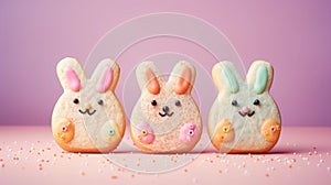 Three Easter cookies in the shape of cute bunnies, decorated with icing on a pastel purple background. Easter culinary banner