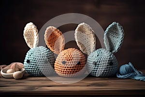 Three Easter eggs in crochet hats with bunny ears on old wooden table. Generative AI