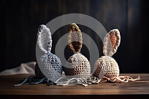 Three Easter eggs in crochet hats with bunny ears on old wooden table. Generative AI