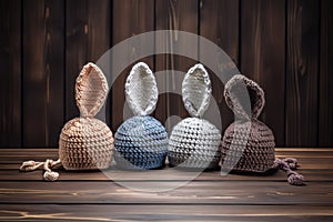 Three Easter eggs in crochet hats with bunny ears on old wooden table. Generative AI