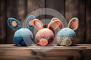 Three Easter eggs in crochet hats with bunny ears on old wooden table. Generative AI