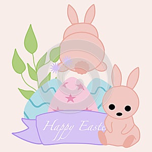 Three easter eggs and cute bunnies, vector illustration