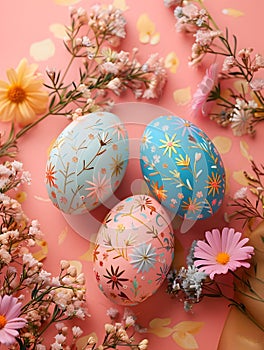 Three Easter eggs with delicate decorative patterns on a pink background