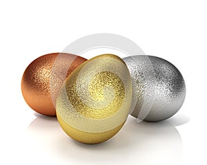 Three Easter Eggs. Golden, Silver And Bronze 3D Illustration