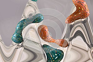 Three Easter eggs and their distorted reflections . photo