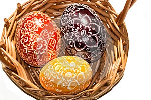Tři velikonoční vajíčka v tkaném košíku