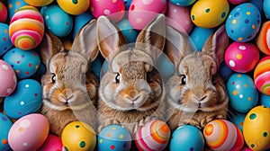three Easter rabbits against the background of multi-colored Easter eggs, Easter day concept