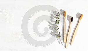 Three eco-friendly bamboo toothbrushes and eucalyptus on white background