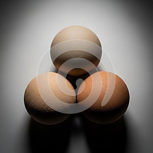 Three eggs are arranged in a triangular formation on a smooth, white