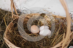 Three eggs in a basket. Rustic style. Agriculture and easter concept