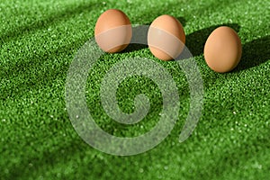 Three eggs on green surface in sunlight as an easter decoration