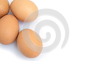 Three eggs isolated on white background and copy space