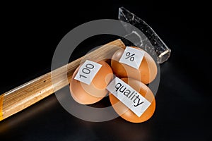 Three eggs with note `100`, `%`, `quality` and black hammer with brown handle are on the black background/table. World Quality Day