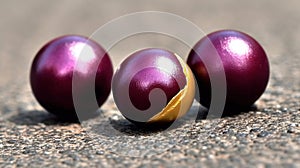 three eggs with one broken in half on the ground next to another egg on the ground with one broken in half on top of the ground