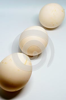 Three eggs over a white background.