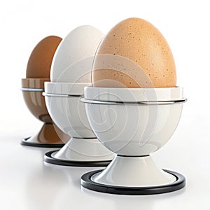 Three eggs in white and brown egg cups lined up