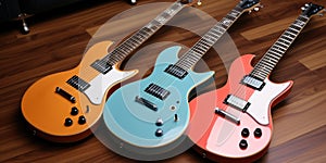 Three electric guitars are lined up on a wooden floor. AI