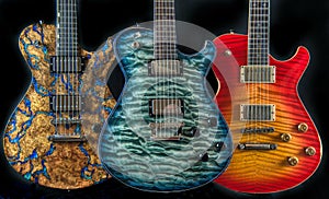 Three Electric Guitars Made of Fancy Figured Wood Colorful Music