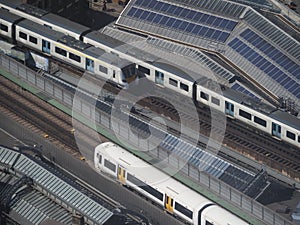 Three electric trains seen from above in London