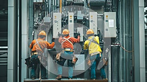 Three Electricians Working on a Building's Electrical System