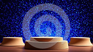 Three elegant pedestals under a starry, turquoise backdrop