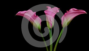Three elegant pink calla lilies close up