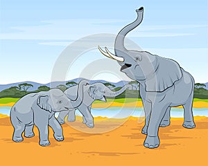 Three elephants. The family of elephants walks in savanna. Big elephant with two small elephants.