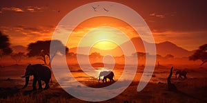 Three elephants near the dried river in Africa. Animals in the search of food and water at sunset. Generative AI