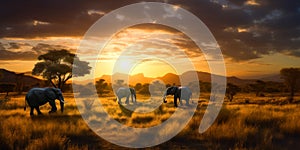 Three elephants walking by the meadow. Big animals eating grass at sunset. Generative AI