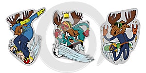 Three elk lovers of winter sports, skiing and snowboarding. Color illustrations, stickers, can be used in advertising and sports p