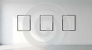 Three Empty Black Frames on White Wall in Modern Minimalist Gallery