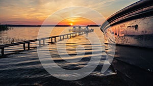 Three empty chairs on wooden jetty on lake