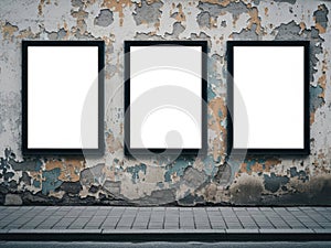 Three empty frames on distressed wall isolated on white background