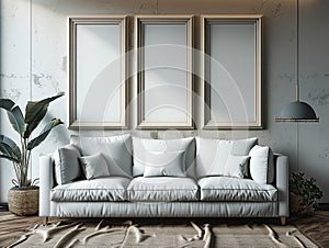 Three blank frames on a white concrete wall above a white sofa in a bright living room interior