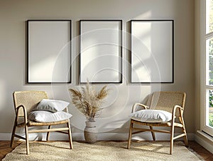Three empty frames mockup in home interior with two wicker chairs, pillows, vase, and pampas grass. Scandinavian style. 3d render