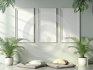 Three empty frames on the wall with green plants on both sides and pillows on the floor