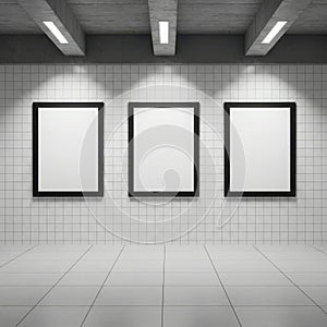 Three empty frames on a wall, isolated on white background