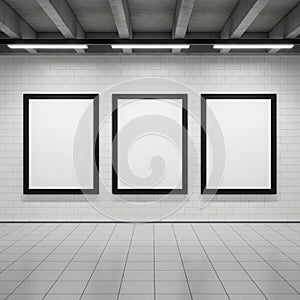 Three empty frames on a wall, isolated on white background