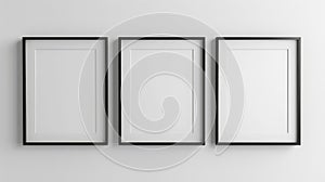 Three Empty Frames on a White Wall Three empty black frames hang on a white wall creating a minimalist and modern design