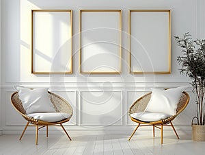 Three empty gold frames with white passe-partout in bright interior with two wicker chairs photo