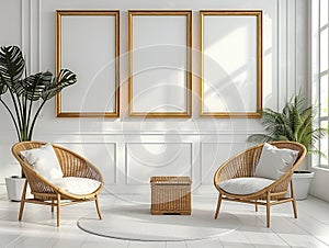 Three empty gold picture frames on a white wall above two wicker chairs and a wicker table on a white rug in a bright room with