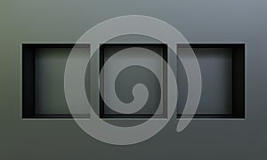 Three empty niches or shelf on black wall 3D mockup