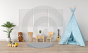 Three empty photo frame for mockup in child room, 3D rendering