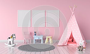 Three empty photo frame for mockup in child room, 3D rendering