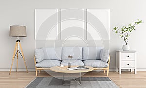 Three empty photo frame for mockup in living room, 3D rendering