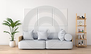 Three empty photo frame for mockup in living room, 3D rendering