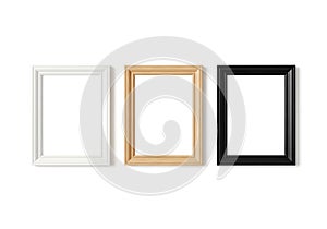 Three empty picture frames in different colors
