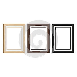 Three empty picture frames in different colors